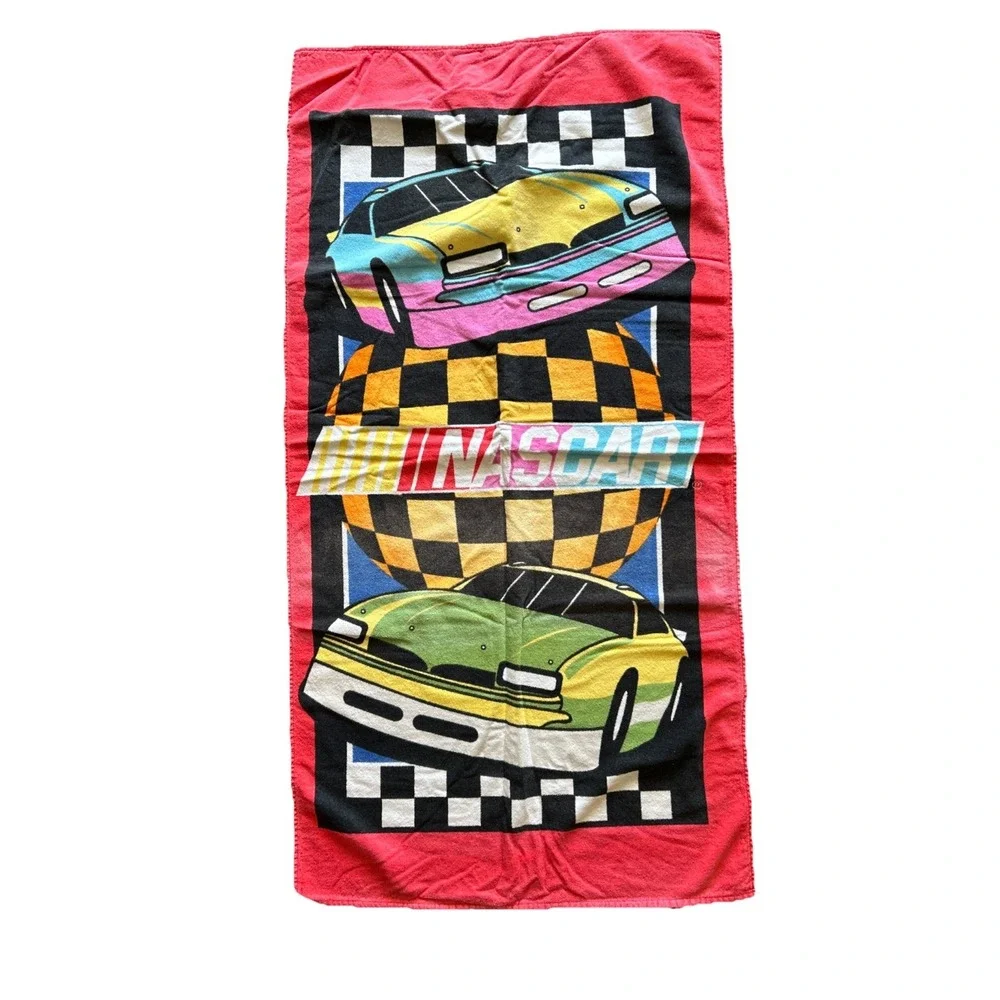 Vintage Jay Franco Nascar Beach Towel Red‎ Pink Race Cars Summer Racing